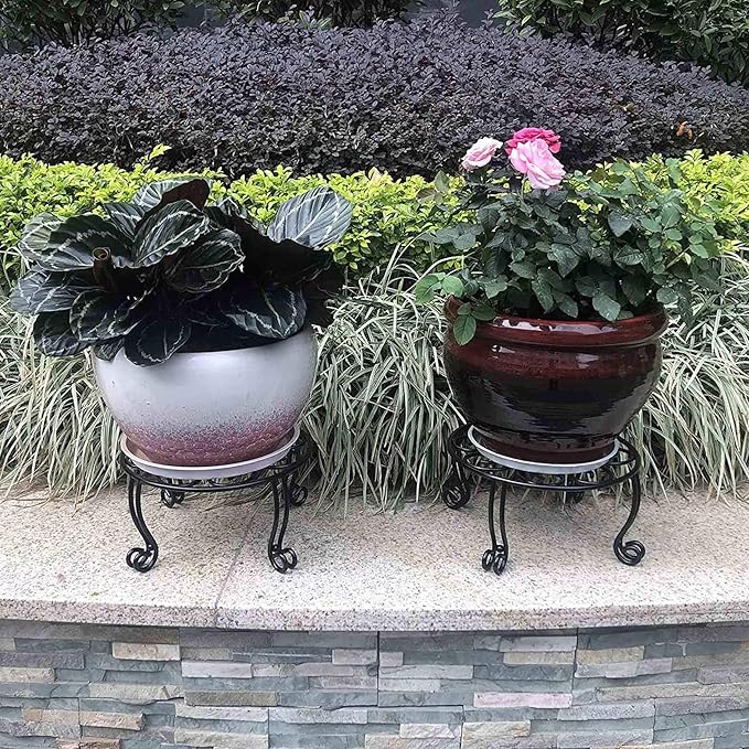 Metal Outdoor Plant Stand 11.8IN Diameter Heavy Duty Plant Pot Stands for Indoor Round Flower Pot Support Rack Set of 2,Black