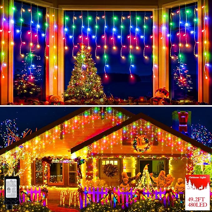 480 LED 49FT Christmas Lights Plug in 8 Modes with Timer Dimmable Christmas Decorations Outdoor Waterproof Indoor Curtain String Lights for Roof Porch Garden Holiday Wedding Party Decor Multi Colored