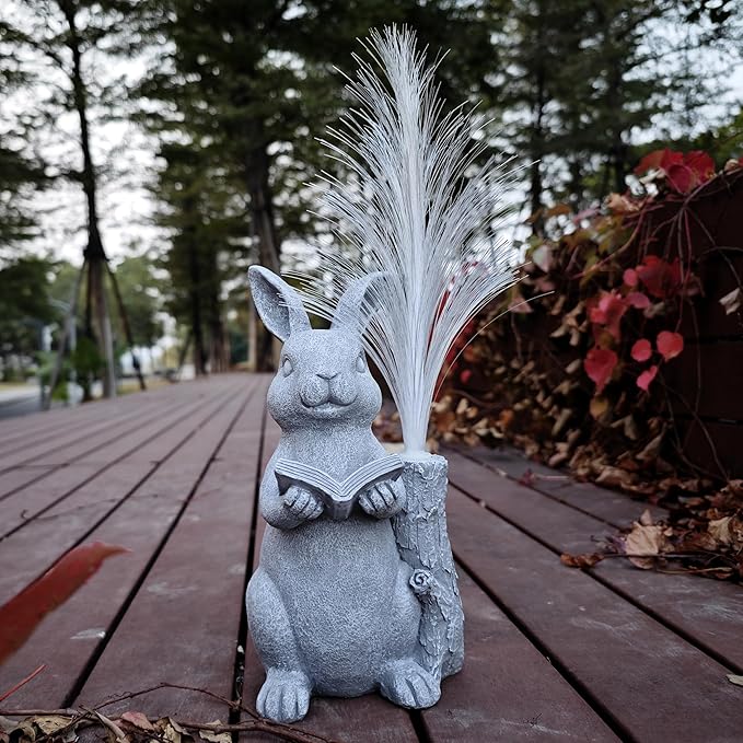 Rabbit Solar Garden Statues,Resin Rabbit Figurine Reading a Book and 7-Color Changing Optical Fiber with Solar Lights, Lawn Decor Outdoor Statue for Patio,Balcony,Yard,Lawn Ornament