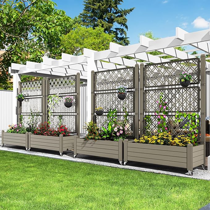 YITAHOME 43.3x17.7x61 in Planter Trellis Box with Wheels & Drain Plug, Outdoor Resin Raised Garden Bed for Climbing Plants, Large Weather-Resistant Design, Light Brown