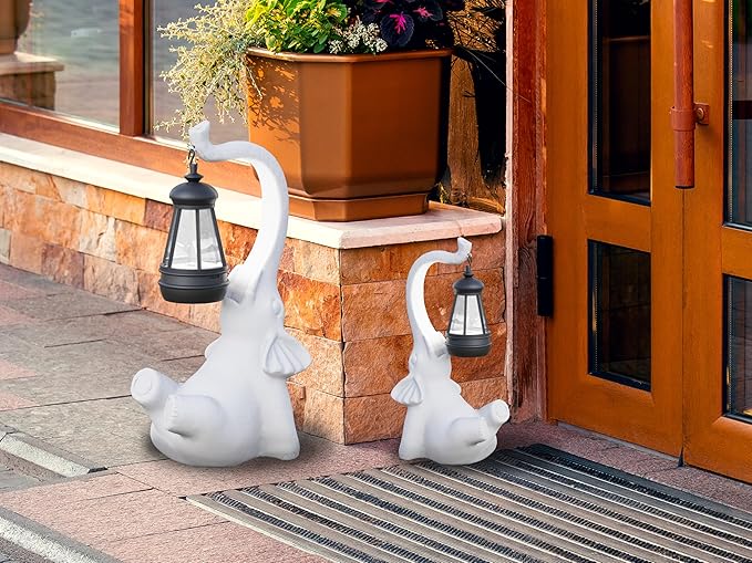 Statue Decoration, Figurine, Lawn Statue, Sculpture Ornament, Animal Figurine - Elephant Resin Statue with Lantern (Hand-JD Face Upward-JD)