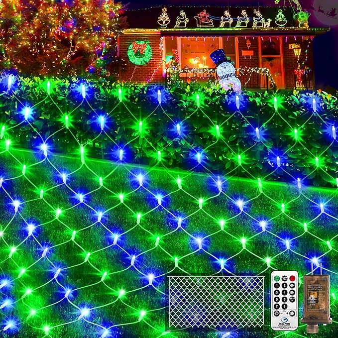 KNONEW Christmas Net Lights 360 LEDs 13ft x 9.8ft Outdoor Mesh Lights Connectable Waterproof 8 Modes & Timer Plug-in Net Fairy Lights for Bushes Garden Party Wedding Holiday,Blue and Green