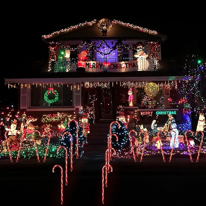 26" Candy Cane Lights Christmas Decorations - 10 Pack Pathway Markers Outdoor Yard Decorations, Red Christmas Candy Cane Lights for Walkway, Xmas Outside/Indoor Ornaments, 100 Lights Bulbs