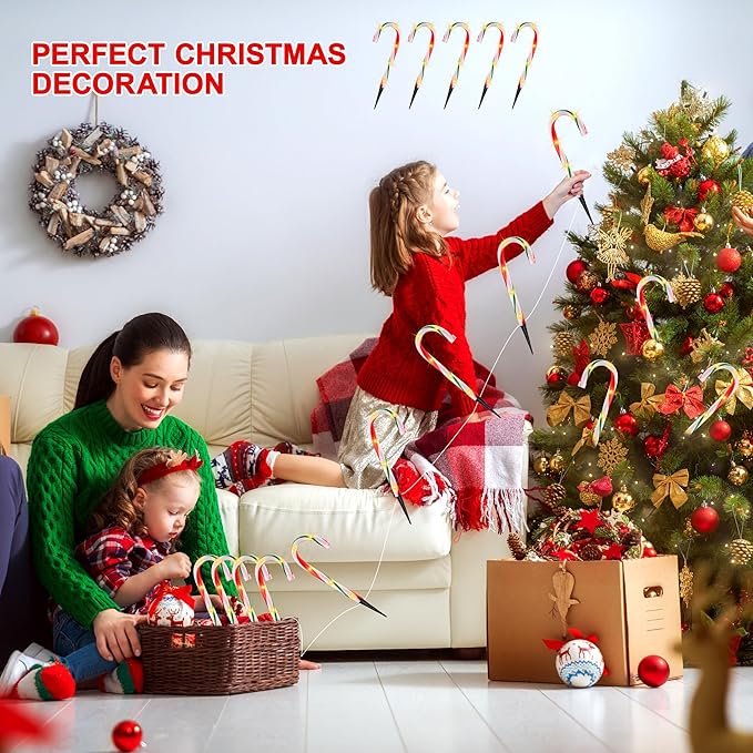 VCOKEN 10'' Christmas Candy Cane Lights Outdoor Pathway, Set of 10 Christmas Candy Cane Markers Waterproof, Light Up Xmas Candy Cane Decoration with Stakes for Holiday Party Yard Art Indoor Outdoor