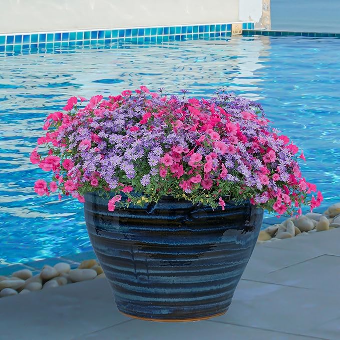 Sunnydaze Studio Large Ceramic Plant Pot - Round Outdoor Glazed Ceramic Planter Pot with Drainage - Galaxy Blue - 18.5"