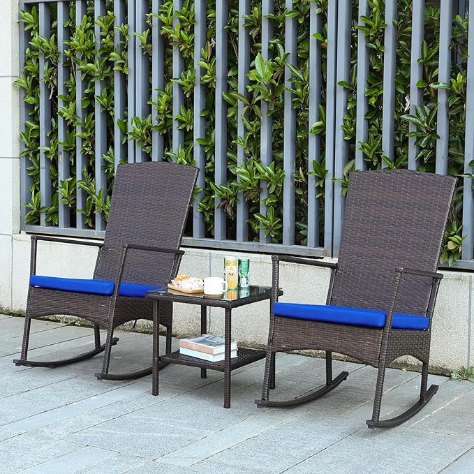 Outdoor Rocking Chairs Set - 3 High-Backed Patio Rockers with Bistro Table & Anti-Slip Cushions, Dark Blue