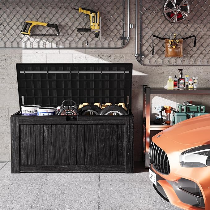 Greesum 120 Gallon Outdoor Storage Box with Lock - Large Resin Deck Box, Reinforced Lid for Garden, Patio, Lawn, Black
