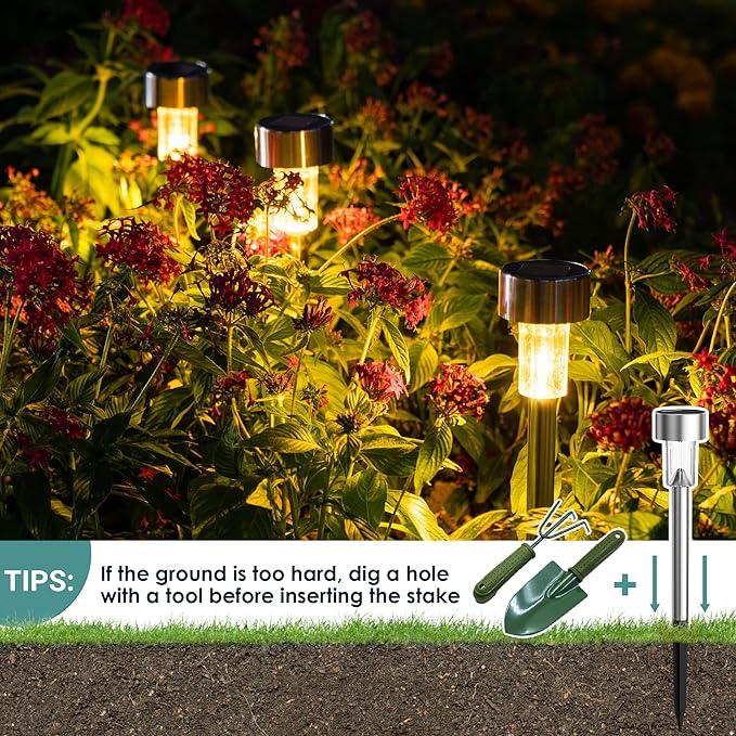 GIGALUMI Solar Lights Outdoor Waterproof, 12 Pack, Stainless Steel LED Solar Garden Lights for Patio, Lawn, Yard and Landscape, Garden Decor Patio Decor,Warm White