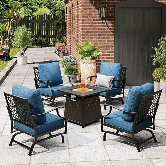 Patio Furniture Set with Fire Pit Table, 5 Pcs Metal Outdoor Conversation Set, 4 Rocking Chairs with 5.75" Extra Thick Cushion and 28" Fire Pit Table for Backyard Deck, Green Blue