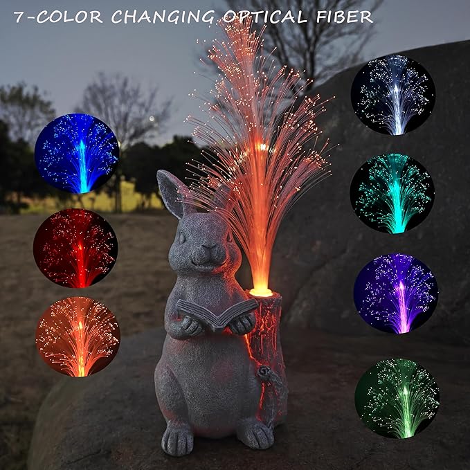 Rabbit Solar Garden Statues,Resin Rabbit Figurine Reading a Book and 7-Color Changing Optical Fiber with Solar Lights, Lawn Decor Outdoor Statue for Patio,Balcony,Yard,Lawn Ornament