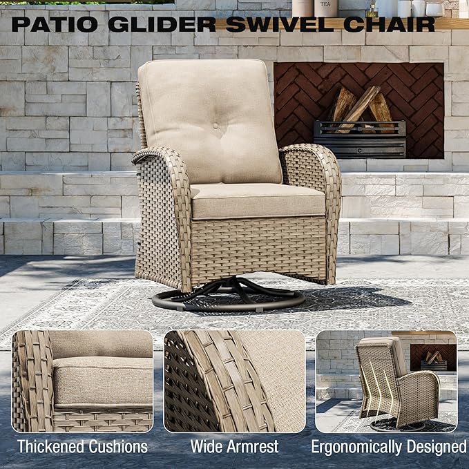 Joyside Outdoor Swivel Rocker Chairs, 3 Piece Wicker Patio Set with Thick Cushion and Side Table, Rattan Patio Swivel Rocking Chairs for Porch, Deck Use (Natural/Beige, 3 PCS)