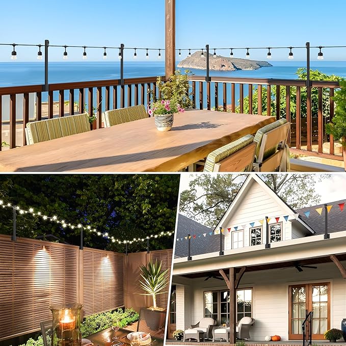 Suchtale 8 Pack 1.3 FT String Light Poles, Suspension Outdoor Fence Post Lights with Clip and Bracket, Outside String Lights Hanging, Wall Mounting Stand for Patio Garden Backyard Wedding Party, Black
