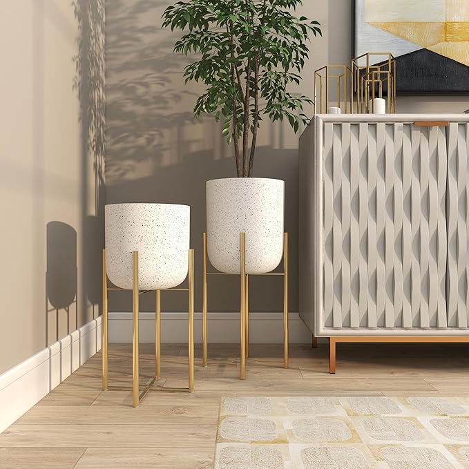 Deco 79 Metal Indoor Outdoor Planter Deep Dome Speckled Large Planter Pot with Gold Stands, Set of 2 Planters 22", 19"H, White