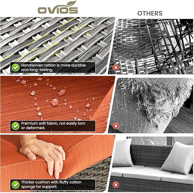 ovios 6 Pieces Patio Furniture Set, Outdoor Wicker Sofas with Glass Coffee Table and Comfy Cushions, All Weather High Back Couch Set for Deck Porch, Brown Rattan, Orange Red