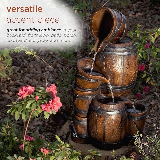Alpine Corporation ZEN409S 24" Indoor/Outdoor Floor Tiered Barrels and Buckets Fountain, Rustic 4-Tier – Water Feature for Garden, Patio, and Home Décor, Brown