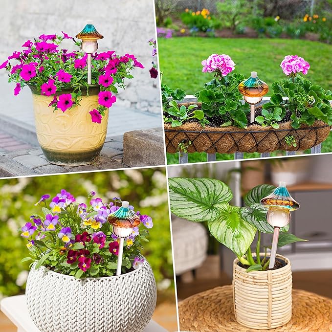 Plant Watering Globes Mushroom, Rainbow Gradient Color Glass Watering Bulbs, Self Watering Planter Insert, Self Watering Globes - Plant Watering Devices for Travel Vacation (2 PCS)