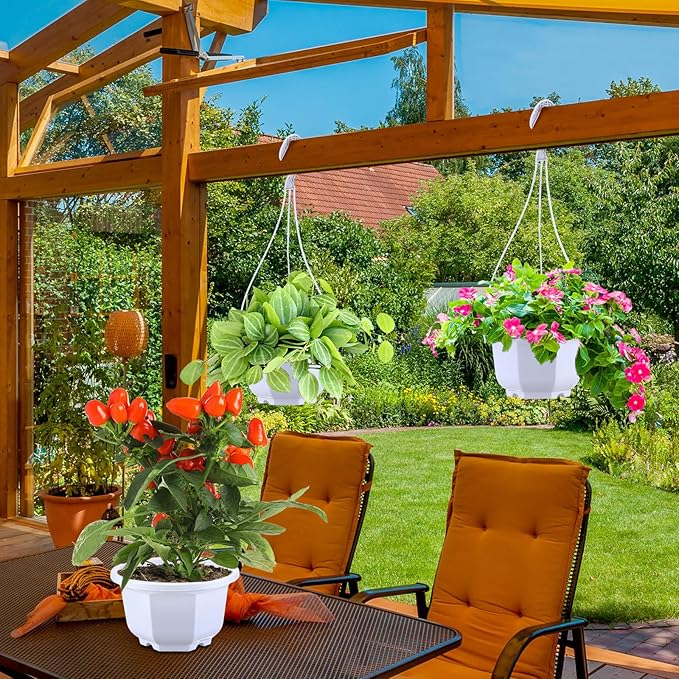 Roshtia 24 Pcs Hanging Plastic Planter Pot with Hook Flower Pots Baskets Hanging Nursery Planter Holder for Outdoor Indoor Plant Garden(Ceramic White,6 Inch)