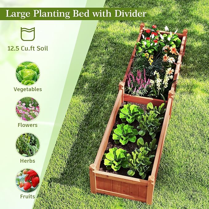 HAPPYGRILL Raised Garden Bed, Wood Elevated Flower Box with 8 Drain Holes, Liner, for Flowers, Vegetables, Herbs, Fruits, Outdoor Planter Box for Backyard, Garden, Lawn, 89" x 23.5" x 16"