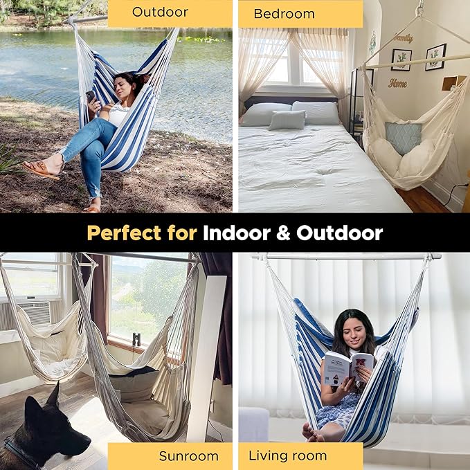 ADVOKAIR Hammock Chair Hanging Chair Rope Swing XXL - Max 500lbs, 70in Large Hammock Swing Chair -Portable Steel Spreader Bar with Anti-Slip Rings-Roomy & Strong