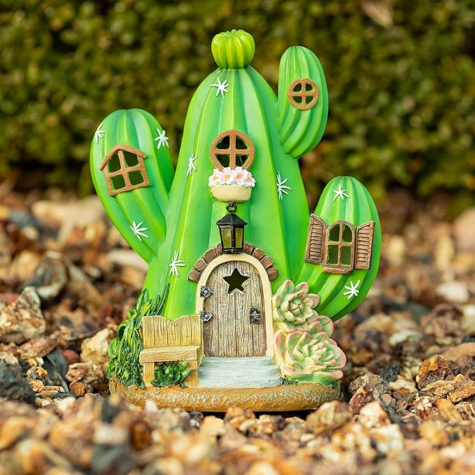 VP Home Enchanted Cactus Cottage Solar Light for Home and Outdoor Decor, Cactus Cottage Solar Powered Flickering LED Garden Light Cottage Backyard Halloween Decoration