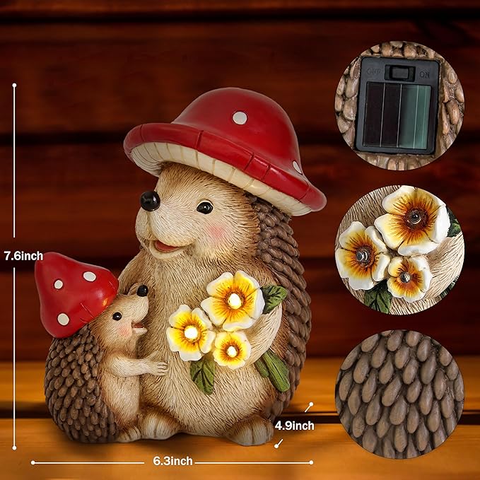 Solar Hedgehog Garden Statue Lights for Outdoor Decor, Resin Hedge hog Figurine Lighting Decorations, Patio Yard Lawn Ornaments Birthday Gifts for Women Mom Grandma