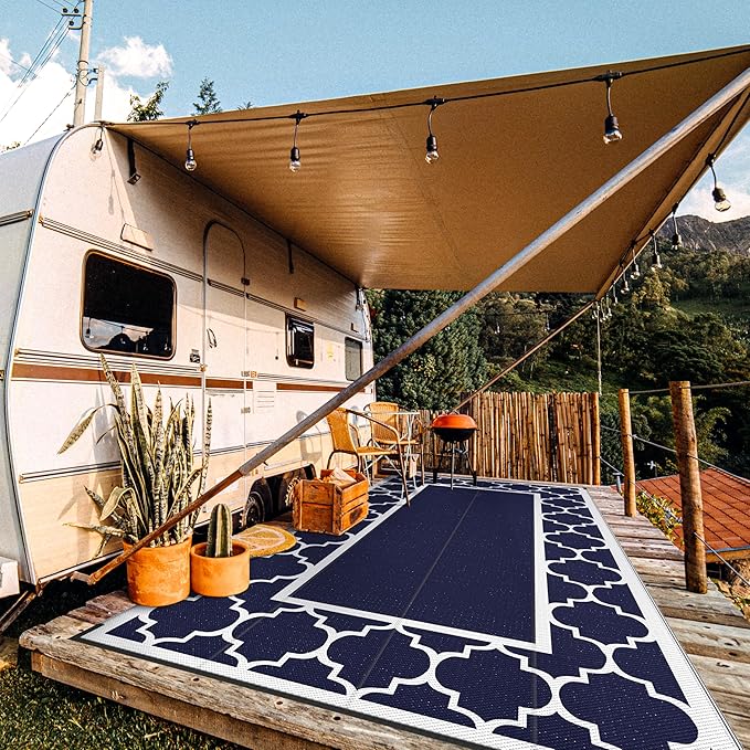 GENIMO 8' x 16' Outdoor Rug Waterproof for Patio, Foldable Reversible Plastic Straw Area Rugs Mat for Rv Decor, Outside Carpet for Camper, Deck, Picnic, Beach, Balcony, Porch, Blue & White