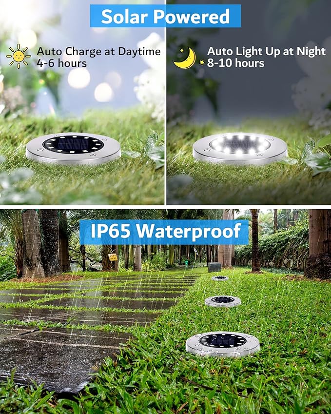 Biling Outdoor Lights 12 Packs, Bright 12 LEDs Waterproof, Ground Flat Pathway Lights Solar Powered for Yard Walkway Garden Driveway (White)