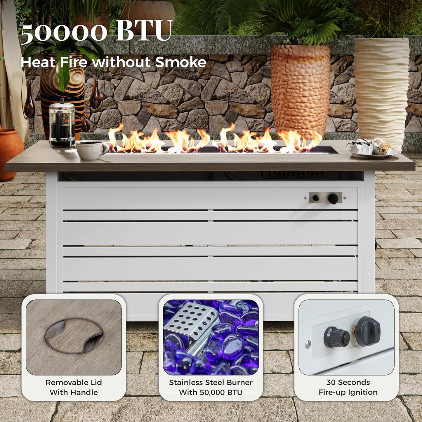 56 Inch Gas Fire Pit Table, 50,000 BTU Propane Pits for Outside with Removable Lid and Glass Fire Rocks, 2 in 1 Firepit Table Gatherings Parties on Patio Deck Garden Backyard, White