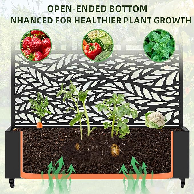 Casaphoria Metal Raised Garden Bed with Trellis and Wheels, 72"x47"x16" Planter Box for Climbing Plants, Vegetables & Vines, Features Drainage Holes and Privacy Screen, Black(Spring&Helen)