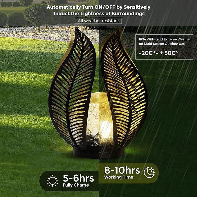 Solar Garden Lights Waterproof Decorations,Crackle Globe Glass,Metal Palm Leaf Solar Lights for Outdoor Decor On Garden,Patio,Yard,Front Porch,Tabletop Lamp-Perfect Gifts