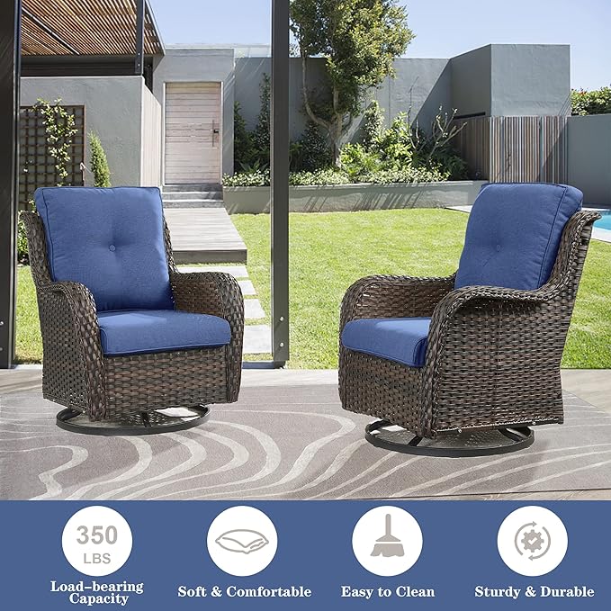 Outdoor Wicker Furniture Patio Set - 7 Piece Backyard Furniture Brown Rattan Conversation Sets with Swivel Rocker Chairs, Rattan Sofa, Club Chairs and Coffee Table, Blue Cushion
