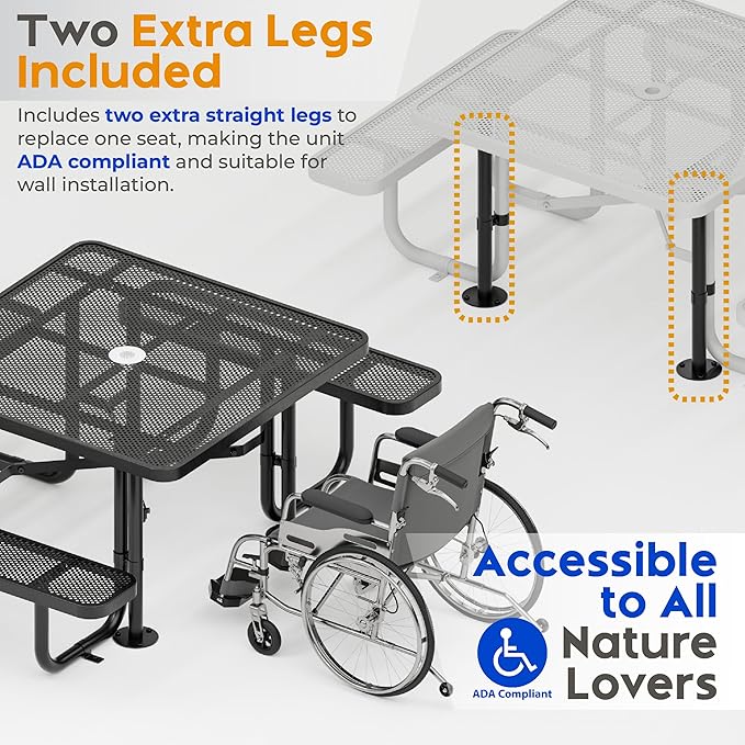Metal Picnic Tables for Outdoors with Umbrella Hole - Coated Steel Heavy Duty Commercial Grade Table with Adjustable Seats (Black, 46 in, Square, Punched Steel)