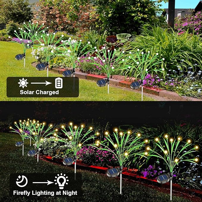 ZGWJ Solar Garden Lights Outdoor, 6 Pack 60 LED Solar Swaying Lights with Leaves, Waterproof Solar Firefly Lights for Patio Pathway Outdoor Decoration Warm White
