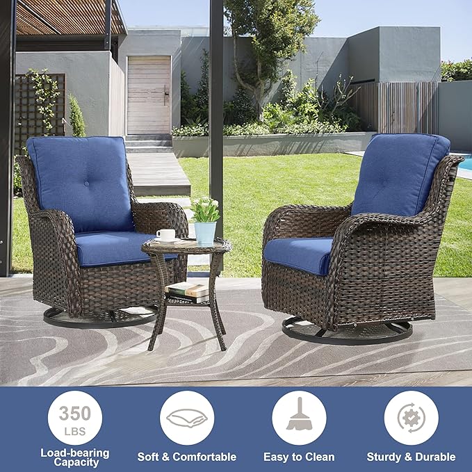 Outdoor Furniture Sectional Sofa L Shaped Couch - Patio Wicker Set with 2 Swivel Glider Chairs, 8 Piece Rattan Patio Conversation Sets with Blue Cushion for Deck Backyard Sunroom