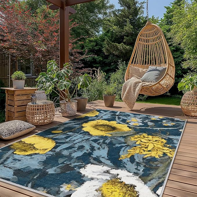 GENIMO Indoor Outdoor Area Rug 8' X 10' Waterproof, Washable Patio Rug Non Shedding, Easy Cleaning Floral Outdoor Carpet for Living Room, Bedroom, Dining Room, Balcony, Deck, RV, Backyard, Blue Yellow