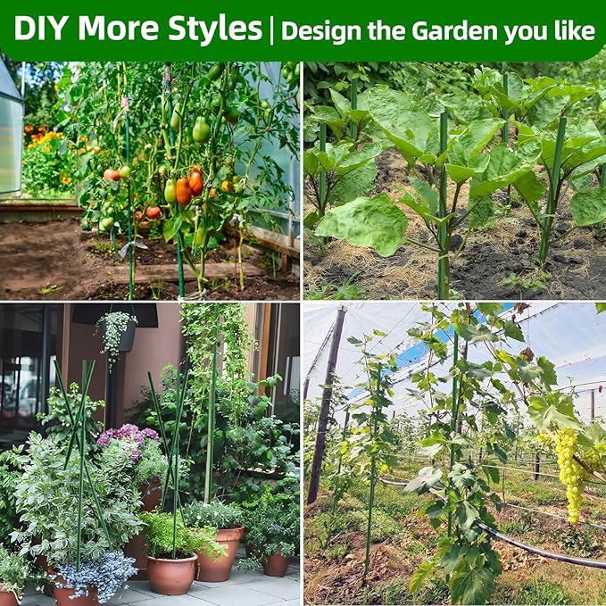Garden Stakes 16 Inch 70 Pack, Diy 4ft 5ft 6ft 7ft 8ft Tomato Stakes Plastic Coated Metal Plant Sticks Stakes Supports with 40 Connectors 30 Rotatable Clips for Indoor Outdoor Plants Vegetable