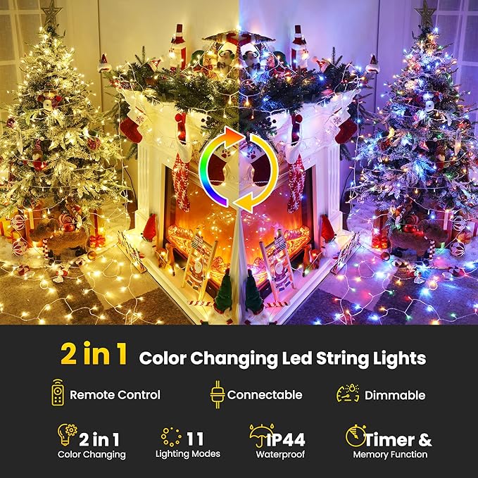 Color Changing Christmas Lights, 75ft 200 LED Warm White & Multicolor Christmas String Lights with Remote, 11 Modes Christmas Twinkle Lights for Christmas Party, Garden, Holiday, Xmas Tree Decorations