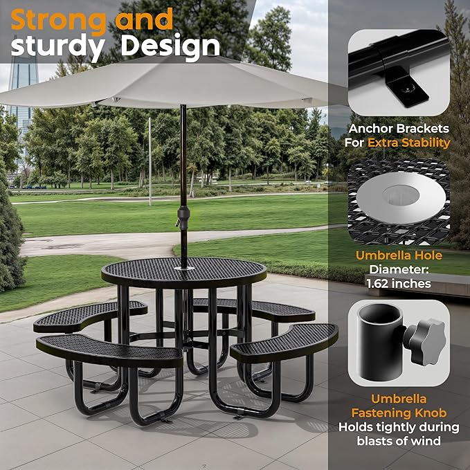 Metal Picnic Tables for Outdoors with Umbrella Hole - Coated Steel Heavy Duty Commercial Grade Table with Adjustable Seats (Black, 38 in, Round, Expanded Steel)