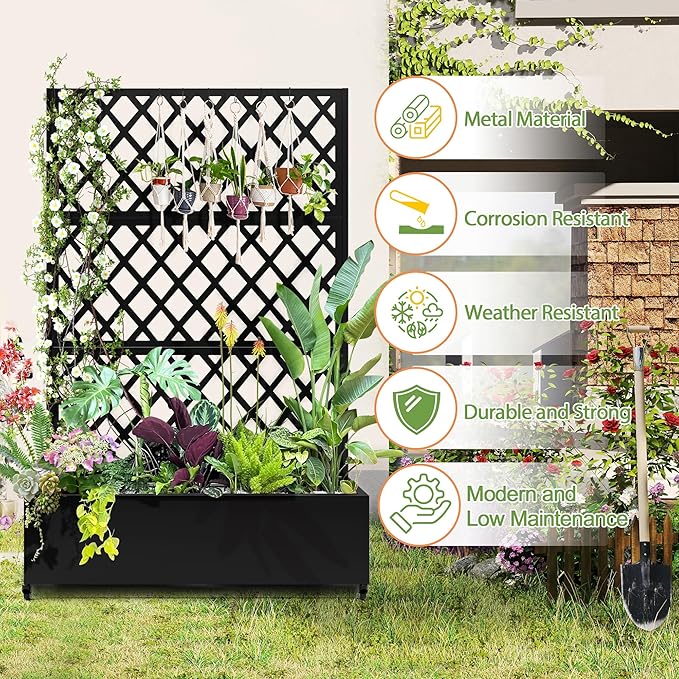 Metal Planter Trellis Box with Wheels & Drain Plug Outdoor Raised Garden Bed Patio Privacy Screen with Planter for Climbing Plants, Vegetables 73"x47"x16" Black-Diamond