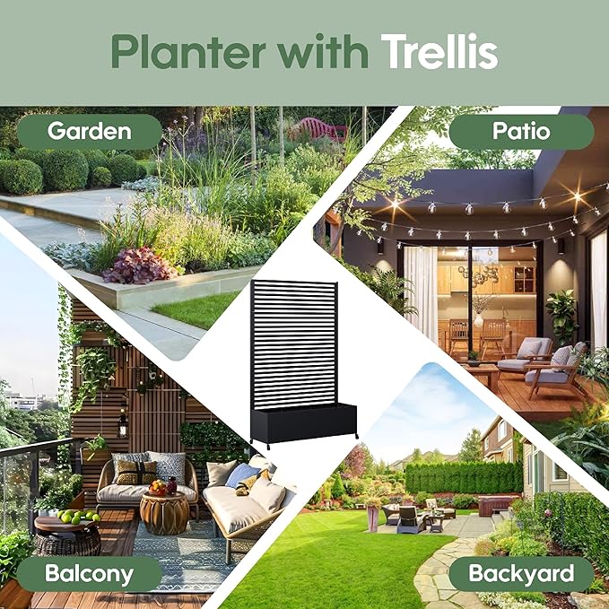 Metal Planter Box with Trellis Privacy Screen, Raised Garden Bed with Trellis & Wheels, Privacy Planters for Patio, Planter Box with Drainage Holes for Climbing Plants, Flower, 73"x 47"x 16", Black