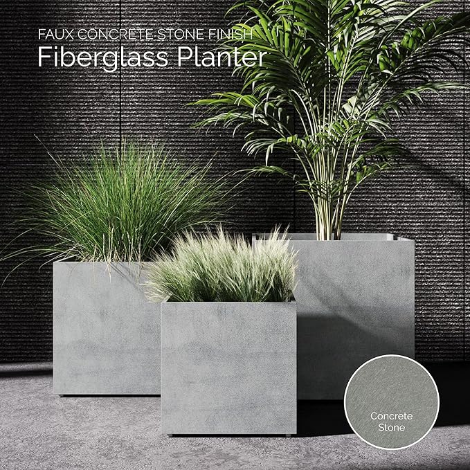 Reglito Cube Planter – Fiberglass Indoor/Outdoor and Weather-Resistant Large Planter (Concrete Stone, 39.4" L x 39.4" W x 40" H)
