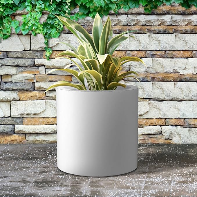Kante 15.7" Dia Round Concrete Planter, Modern Style Large Cylindrical Plant Pot with Drainage Hole and Rubber Plug for Indoor Outdoor Patio, White