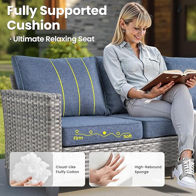 ovios 6 Pieces Patio Furniture Set with 30" Fire Pit Table, Outdoor Wicker Sofa with Comfy Cushions, All Weather High Back Rattan Couch Conversation Set, Denim Blue