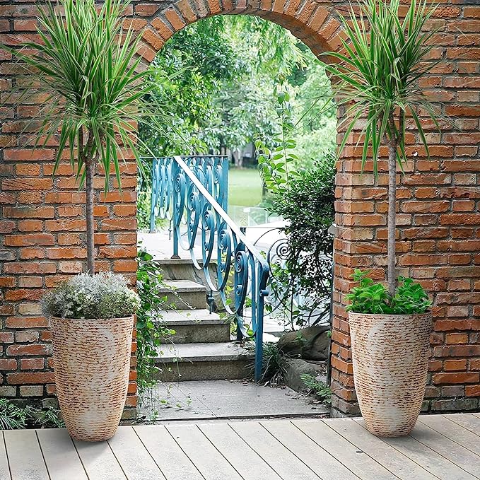 Worth 9 Gallon Tall Round Planters Set of 2-14" Dia x 21" H Stone Finish Flower Pots Indoor Decorative Container Garden Patio Unbreakable Beige