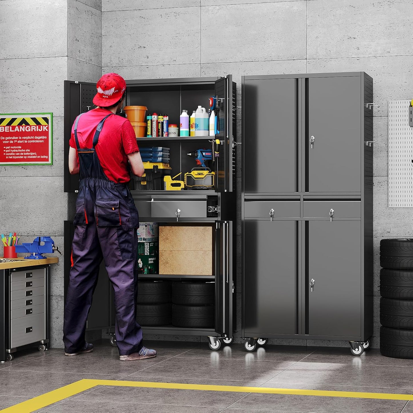 71''H Metal Garage Storage Cabinet with Wheels & 4 Pegboard,Rolling Tool Cabinet with Adjustable Shelves & 2 Lockable Drawer for Garage,Office,Home, Assembly Required,Black