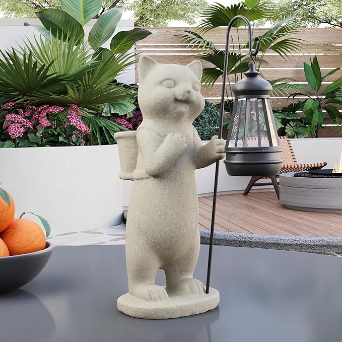 Solar Powered Garden Resin Statue Lights, 10 Inch Waterproof Outdoor Animal Cute Cat Figurine Lights, Suitable for Patios, Balconies, Lawns, Courtyards, Etc.(Basket)