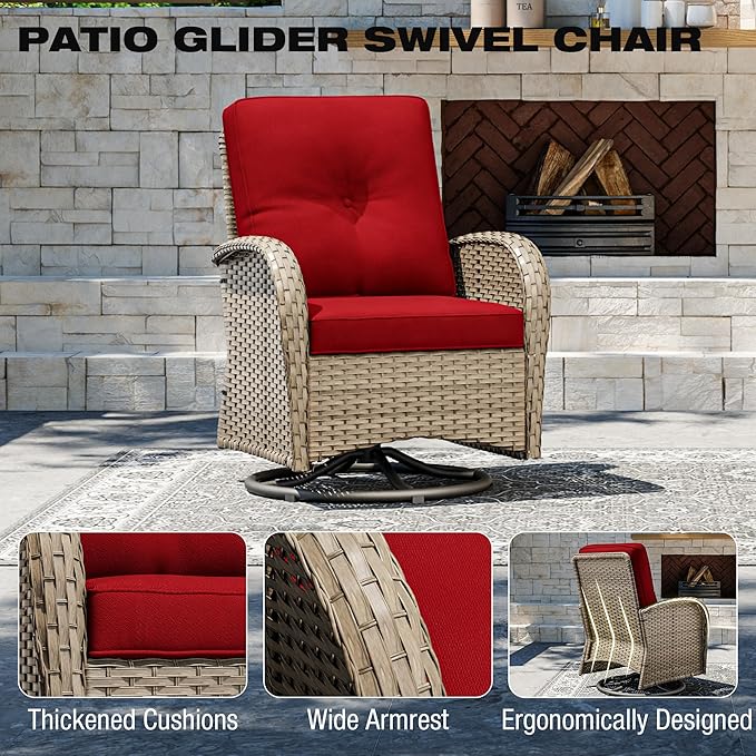 Joyside Outdoor Swivel Rocker Chairs, 3 Piece Wicker Patio Set with Thick Cushion and Side Table, Rattan Patio Swivel Rocking Chairs for Porch, Deck Use (Natural/Red, 3 PCS)