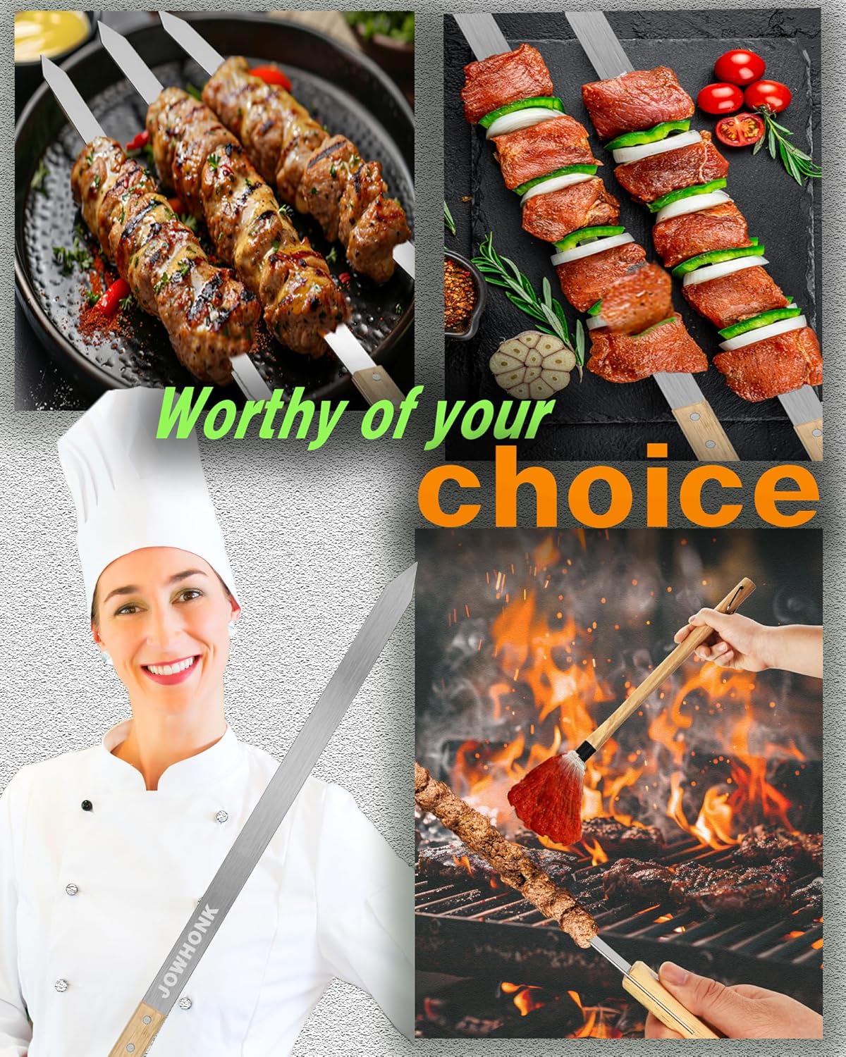 23.5" Long Skewers for Grilling,1 Inch Wide,304 Stainless Steel Skewer for Kabobs with Wood Handle,Heavy-Duty Metal Flat Barbecue Skewer Set Includes 4PCS BBQ Skewers,1PCS BBQ Mop Brush