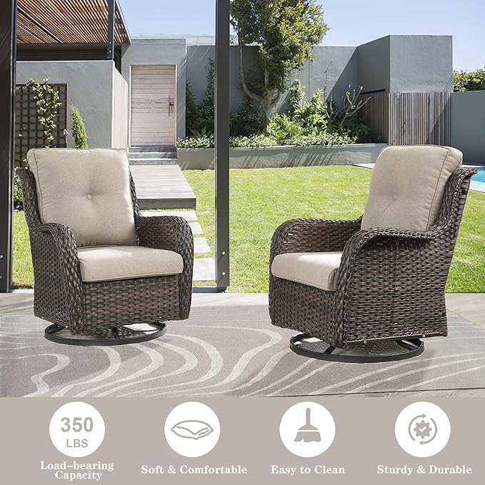 Outdoor Furniture Sectional Sofa L Shaped Couch - Patio Wicker Set with 2 Swivel Glider Chairs, 5 Piece Rattan Patio Conversation Sets with Beige Cushion for Deck Backyard Sunroom
