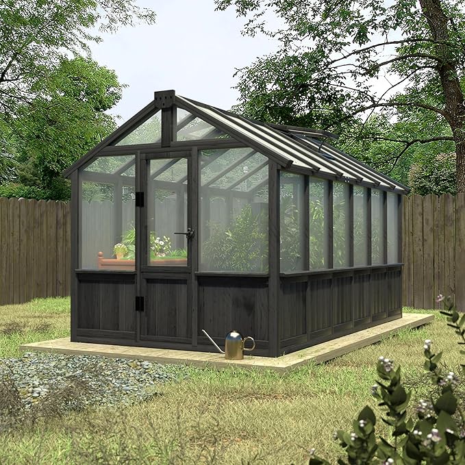 6x12 FT Greenhouse Kit for Outdoor, Thickened Polycarbonate Panel Wooden Walk-in Green House with Lockable Door and Adjustable Roof Vent, Backyard Garden, Black